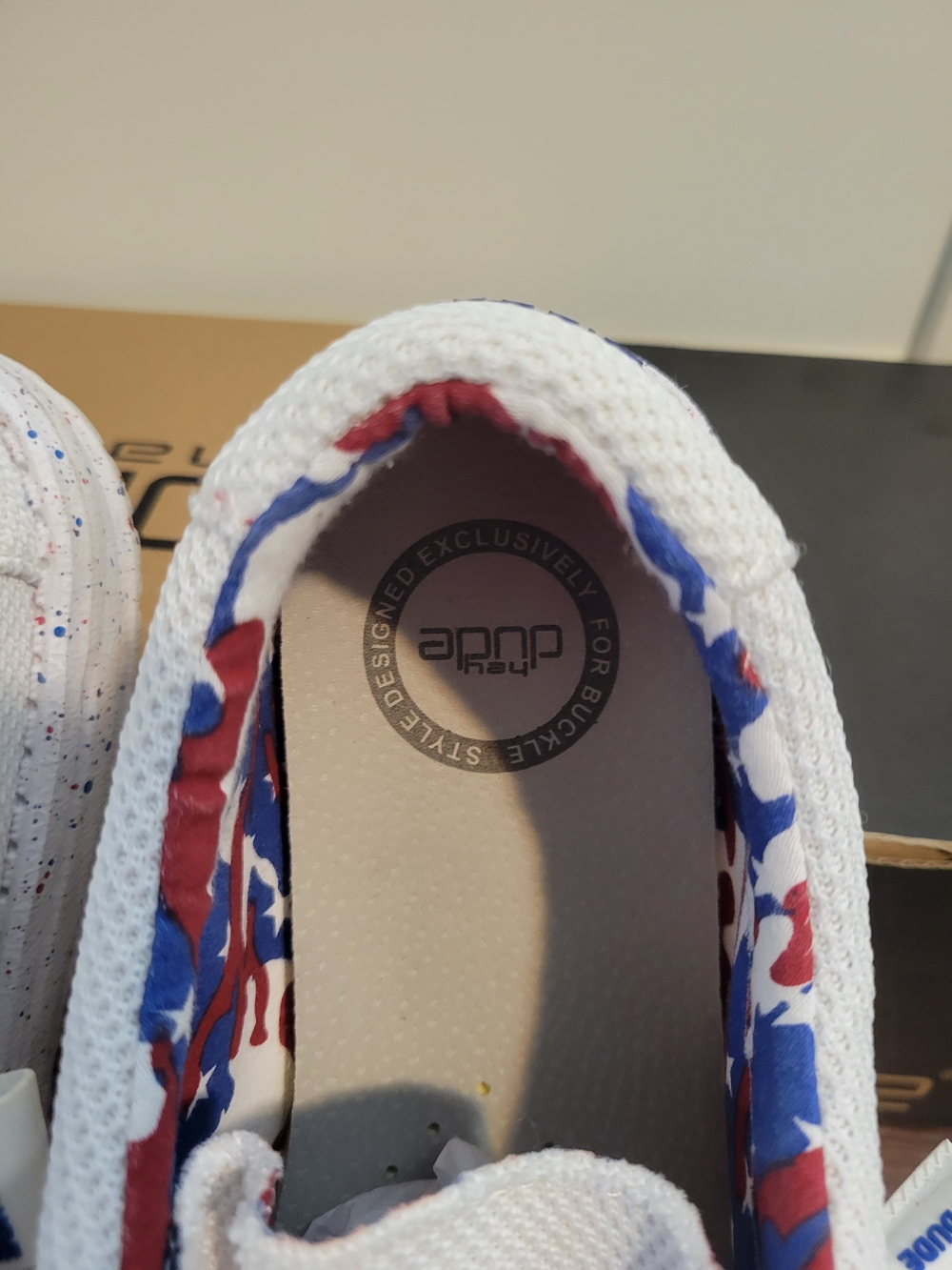 Hey Dude 4th Of July White Slip-On Sneakers with Red & Blue Star Lining - Picture 6 of 10